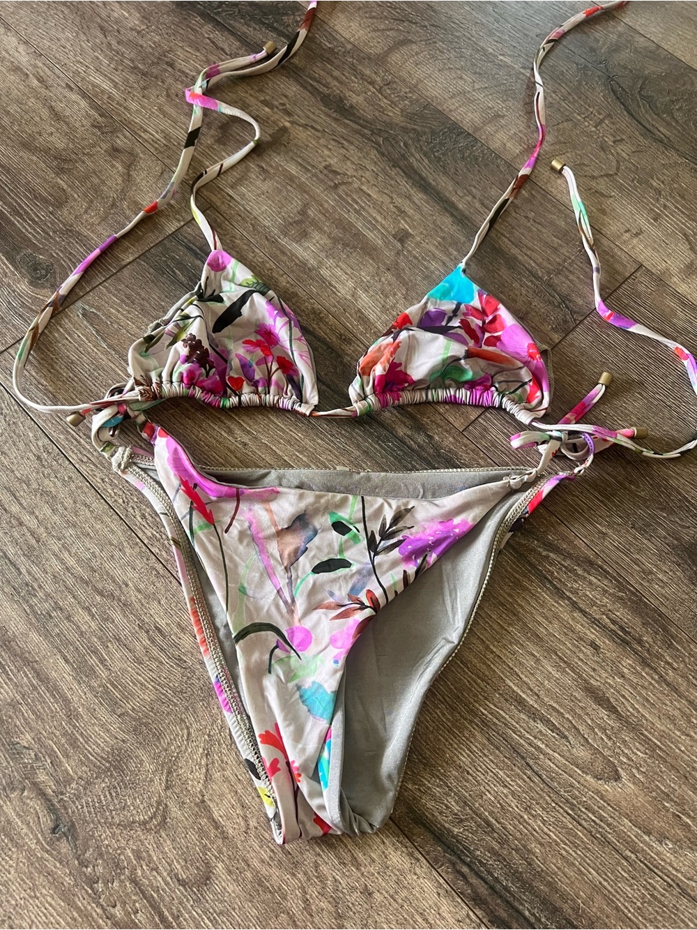 l*space Floral Tie-Side Bikini in Beige with Pink, Turquoise & Green